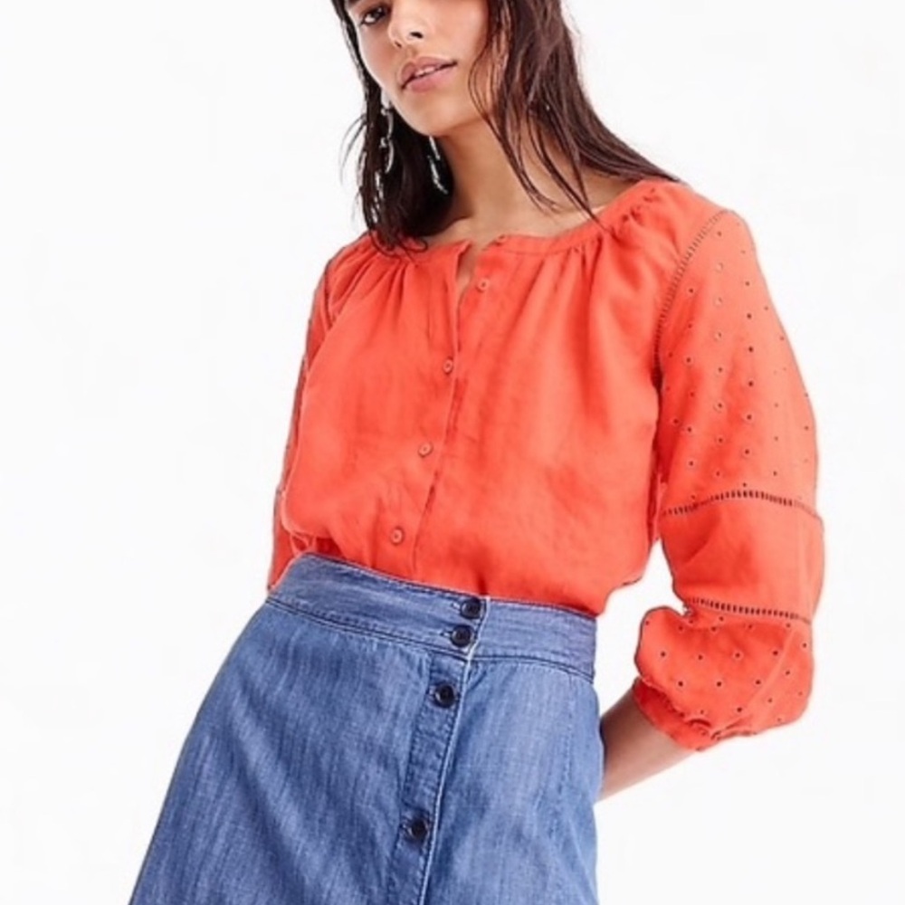 J.Crew Circle Eyelet Linen Top Persimmon Orange Linen Blouse